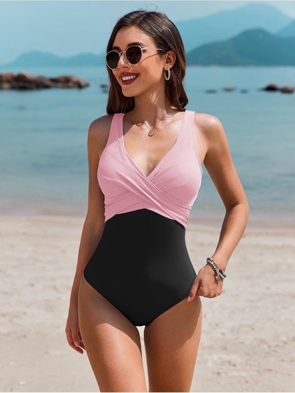 Women's Pink & Black V-Neck One-Piece Swimsuit